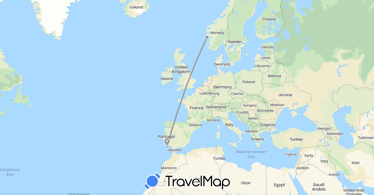 TravelMap itinerary: driving, plane in Norway, Portugal (Europe)